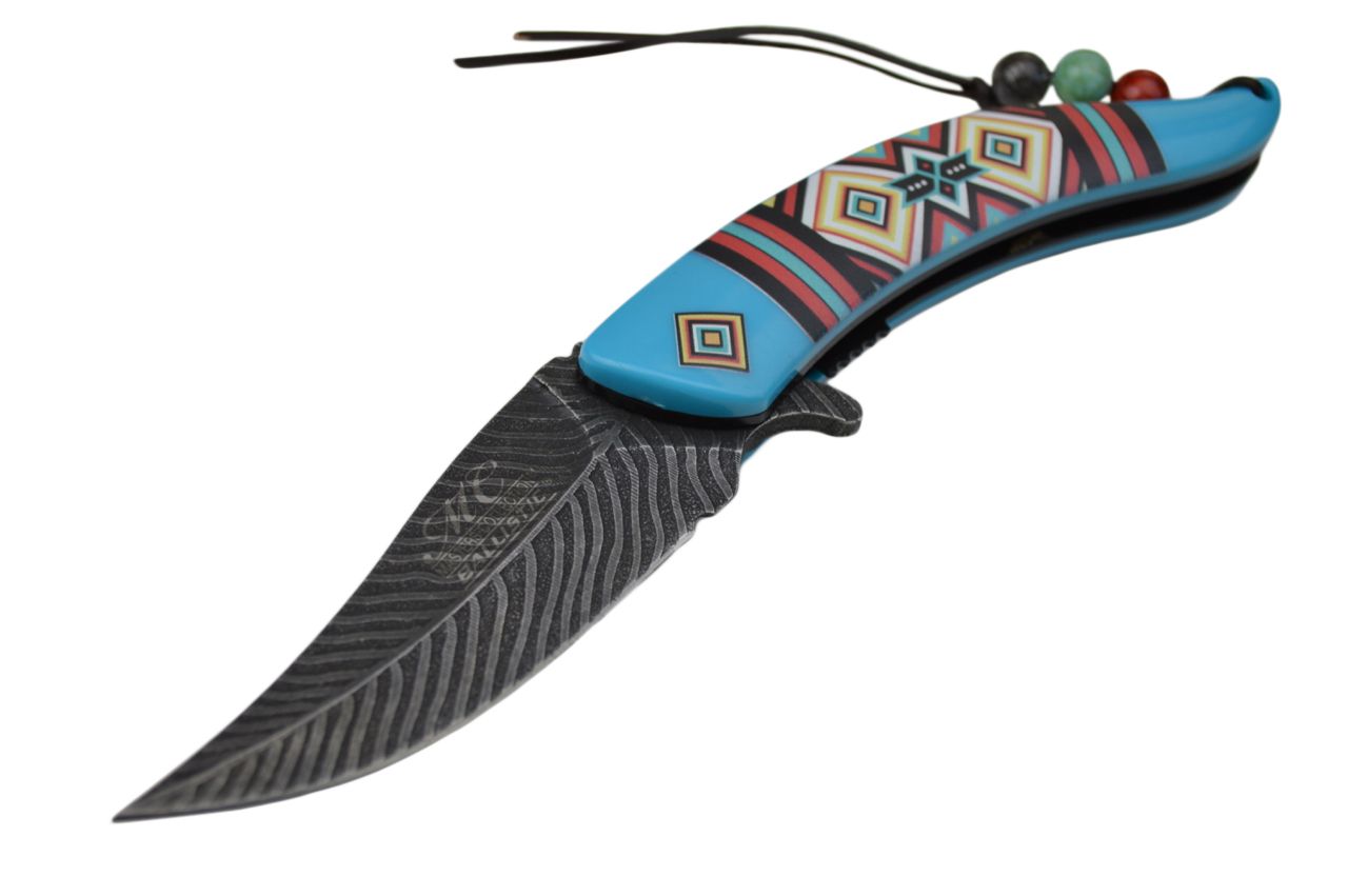 8.5" Native American Indian Spring Assisted Open Pocket Knife Damascus